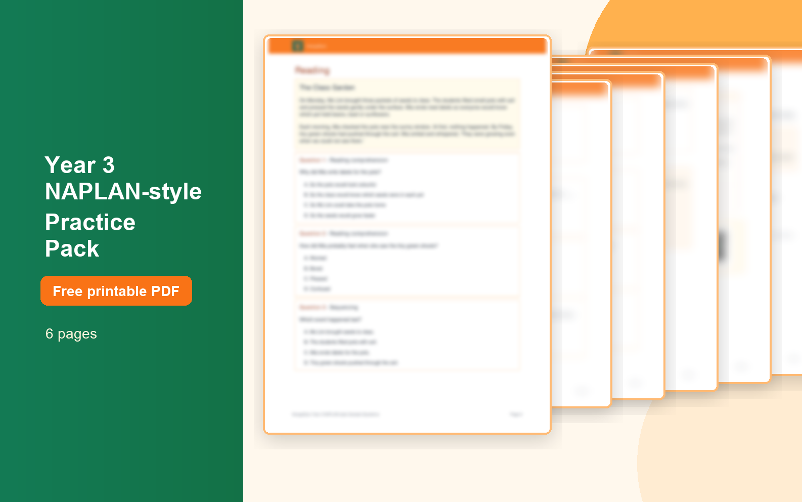 Blurred preview of the six-page Year 3 NAPLAN-style sample pack