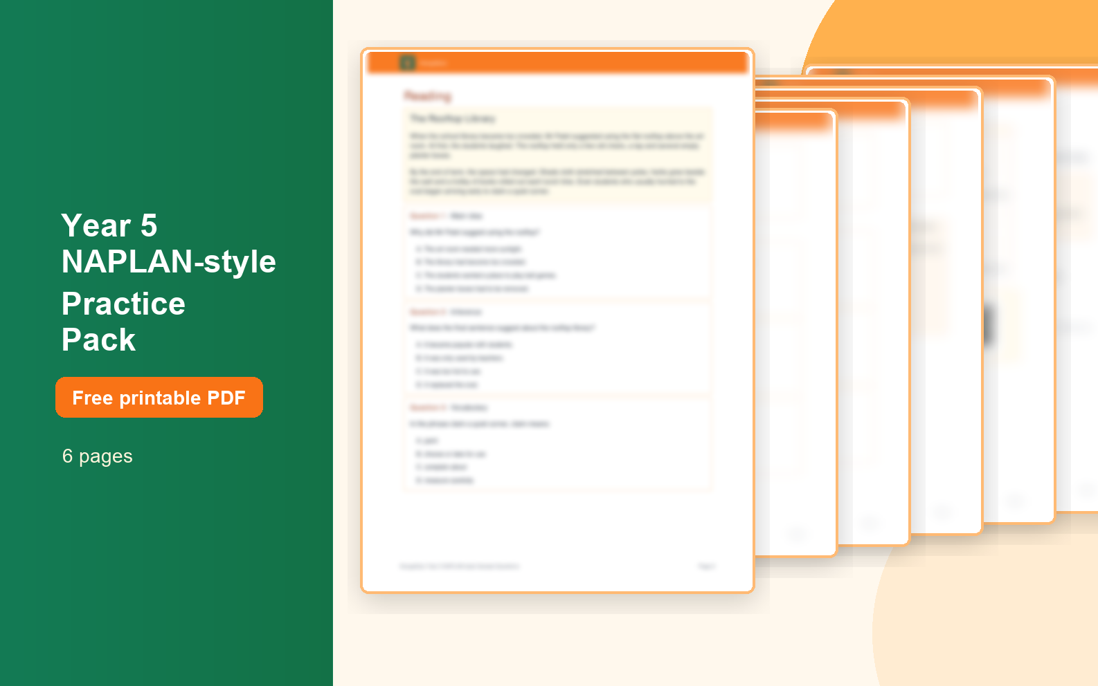 Blurred preview of the six-page Year 5 NAPLAN-style sample pack